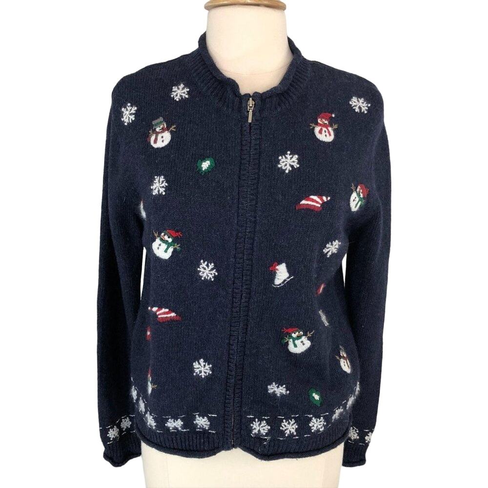 Croft & Barrow Cardigan Sweater Zipper Front Snowman Motif Size Large Petite